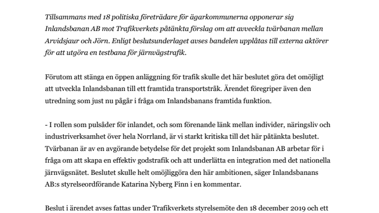 Inlandsbanan AB motsätter sig Trafikverkets beslut om tvärbanan