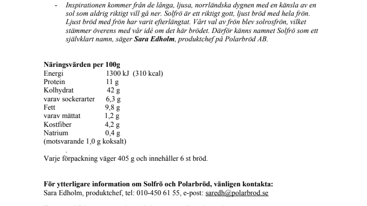 Polarbröd lanserar Solfrö – Ett bröd som sticker ut