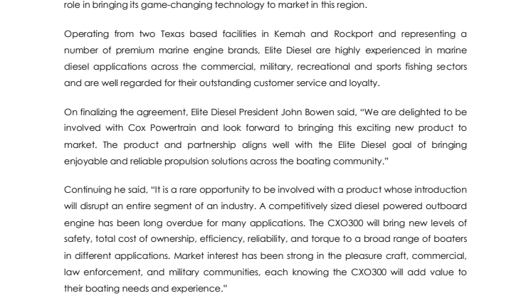 Cox Powertrain: Cox Powertrain Names its First Distributor