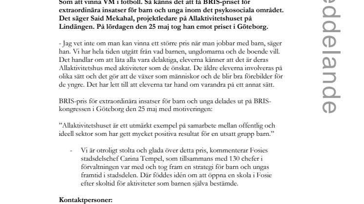 Allaktivitetshuset på Lindängen får BRIS-priset för extraordinära insatser för barn