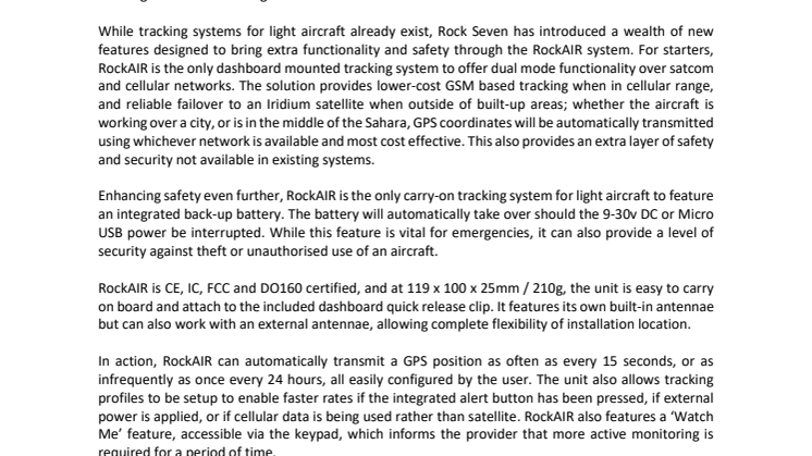 Rock Seven: Rock Seven Launches New RockAIR System for Low-Cost & Feature Rich Global Light Aircraft Tracking