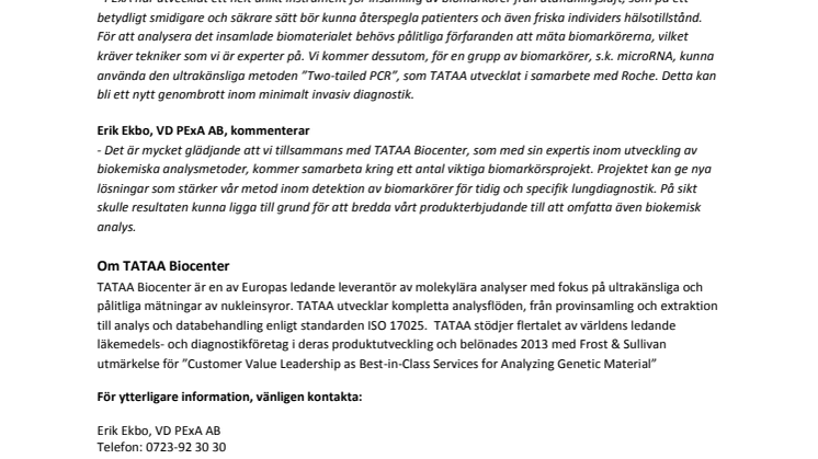 PExA inleder samarbete med TATAA Biocenter