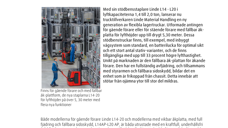 Ny generation stödbensstaplare från Linde Material Handling