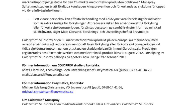 Enzymatica inleder klinisk marknadsuppföljningsstudie för prevention och förkortande av övre luftvägsinfektion