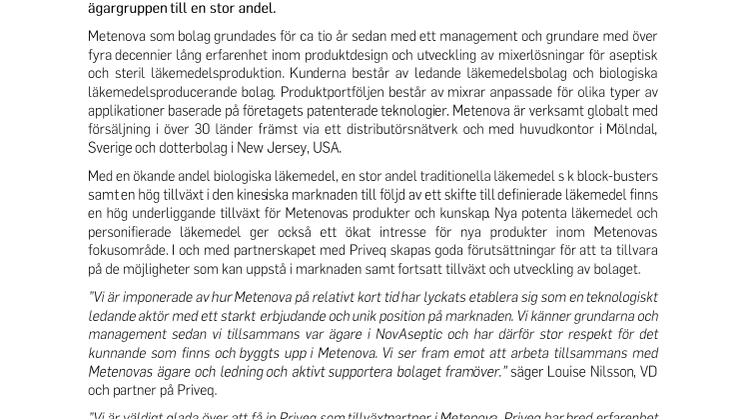 Priveq - ny tillväxtpartner för Metenova