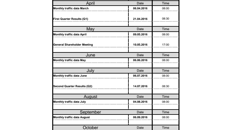 Financial Calendar for 2016