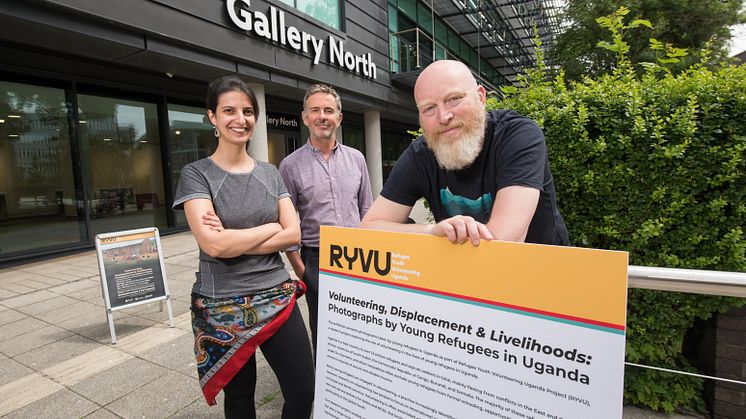 Dr Bianca Fadel and Professor Matt Baillie Smith are joined by Associate Professor Steve Gilroy (centre), Deputy Head of Arts at Northumbria, at the RYVU exhibition