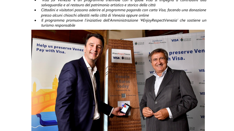 Visa e Venezia lanciano un programma unico per supportare la trasformazione digitale della città e preservarne il futuro 