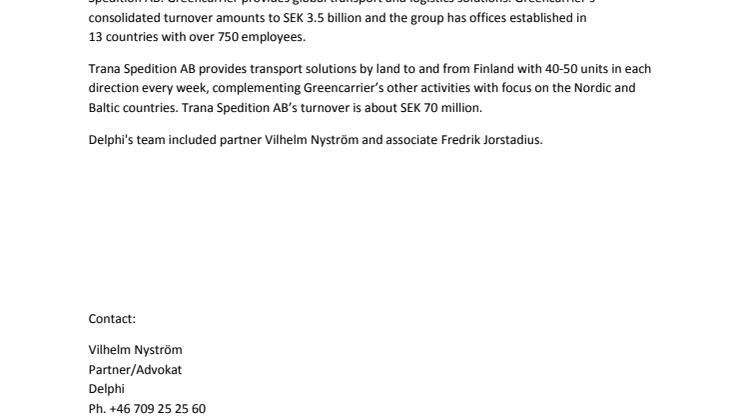 Delphi advisor to Greencarrier Freight Services Sweden AB
