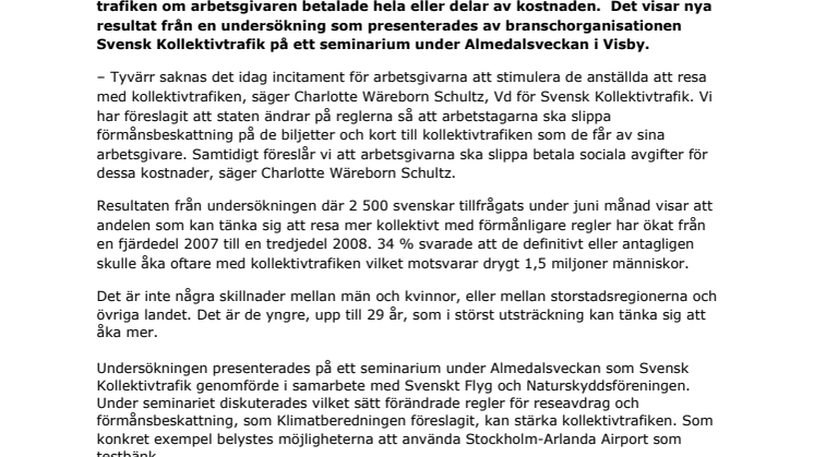 Svenska folket vill resa mer kollektivt utan förmånsbeskattning