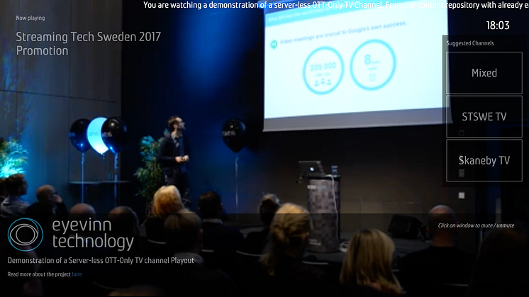 Demonstration av server-lös streaming av TV-kanaler på https://tv.eyevinn.technology/