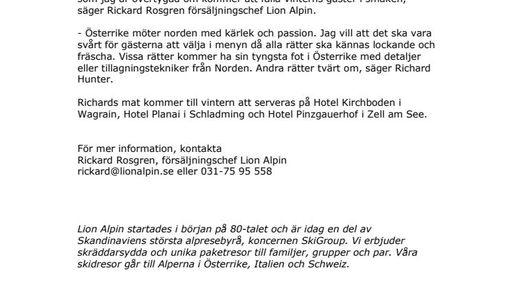 Lion Alpin inleder samarbete med göteborgskocken Richard Hunter