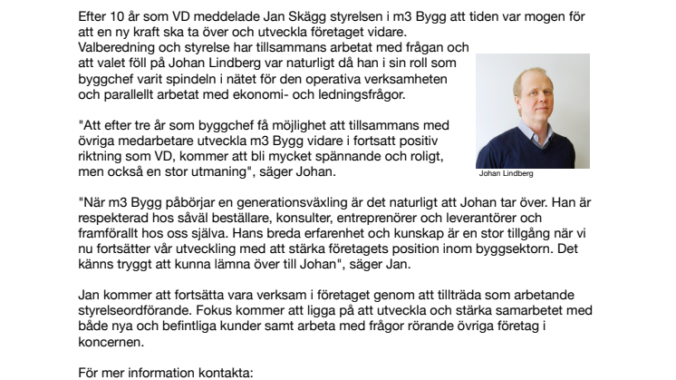 Johan Lindberg ny VD för m3 Bygg AB