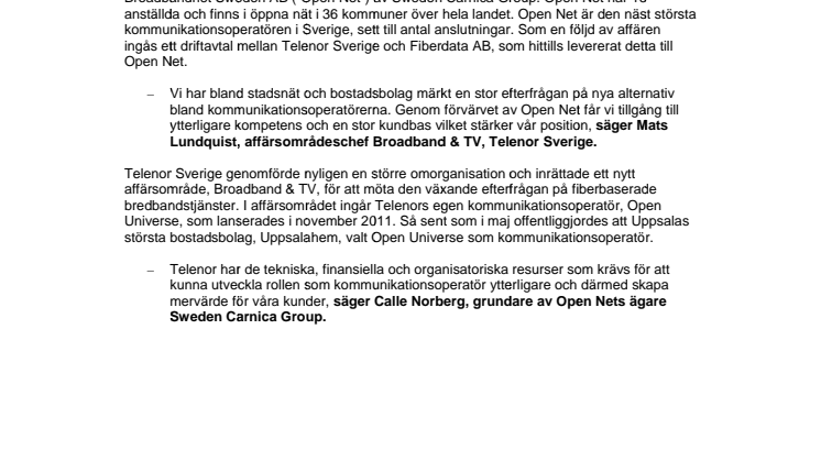 Telenor Sverige köper Open Net