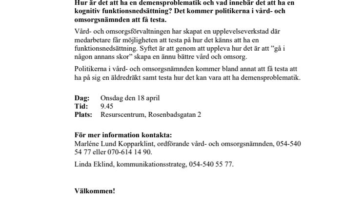 Pressinbjudan: Politiker testar att gå i någon annans skor