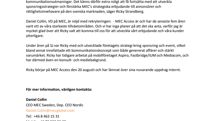 MEC Access rekryterar sponsringschef från SJ
