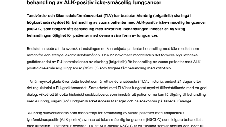 ​TLV subventionerar ALK-hämmaren Alunbrig (brigatinib) för behandling av ALK-positiv icke-småcellig lungcancer
