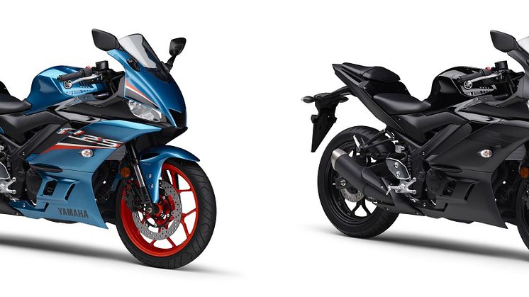 左より、「YZF-R25 ABS」シアン、「YZF-R3 ABS」マットダークグレー
