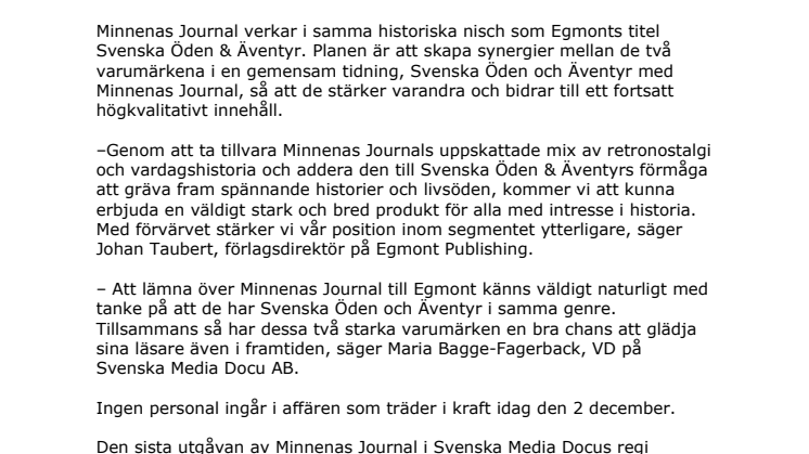 Egmont förvärvar Minnenas Journal