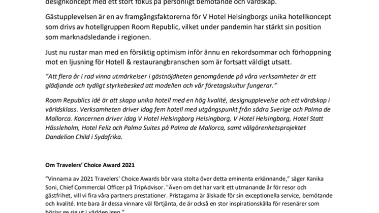 V Hotel Helsingborg är resenärernas första val på TripAdvisor, vinner Travellers´ Choice Award 2021.