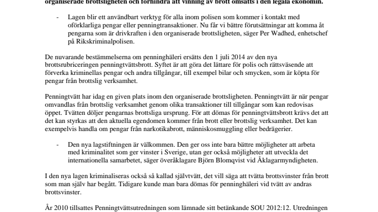 Ny lag om penningtvätt ska underlätta brottsbekämpningen 