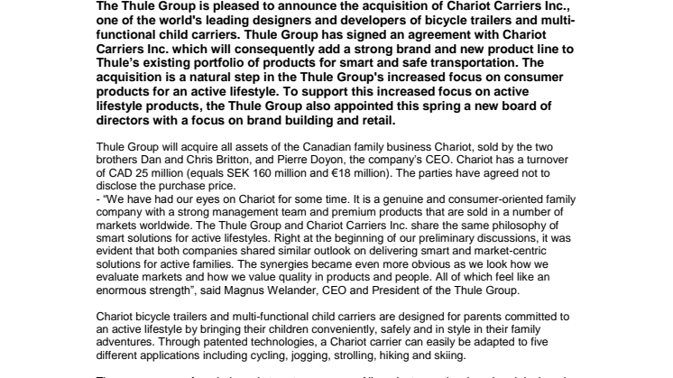 The Thule Group acquires Canadian success Chariot Carriers Inc. – Strengthens the focus on products for active lifestyle