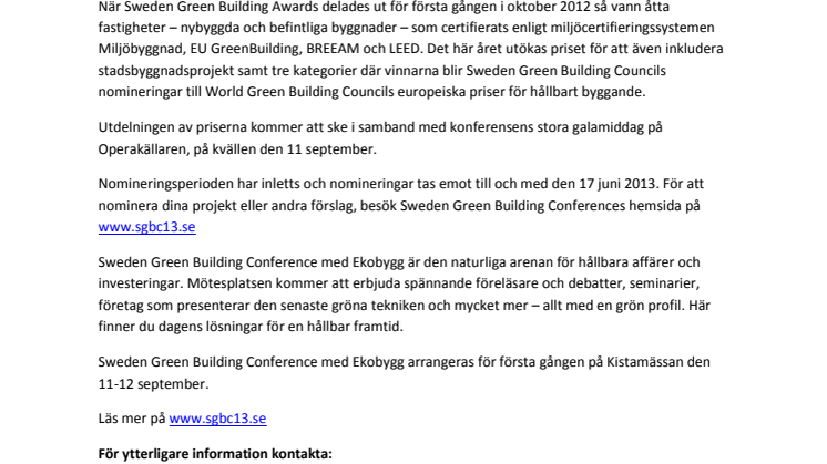 Sweden Green Building Awards öppnar för nomineringar för år 2013