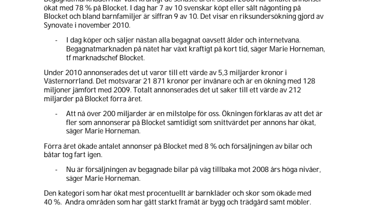 Västernorrlänningarna sålde på Blocket 5,3 miljarder 2010 