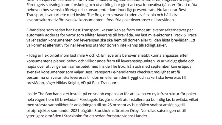 Best Transport inleder samarbete med Inside The Box