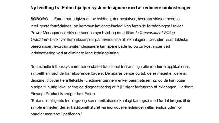 Ny hvidbog fra Eaton hjælper systemdesignere med at reducere omkostninger