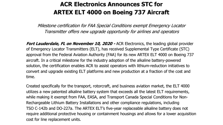 ACR Electronics Announces STC for ARTEX ELT 4000 on Boeing 737 Aircraft