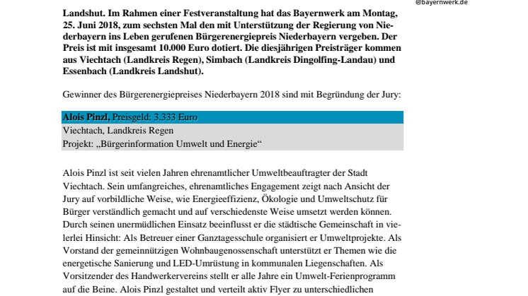 Bürgerenergiepreis für drei Vorbilder aus Niederbayern