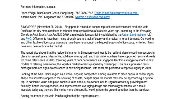 Singapore named as hot investment destination because of improvement in city-state's office market, says emerging trends in real estate Asia Pacific 2019 