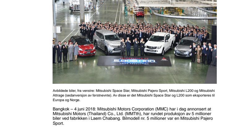 Mitsubishi markerer 5 millioner produserte biler i Thailand
