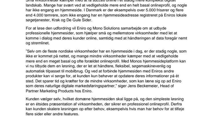 Eniro og Mono Solutions vil hjælpe små nordiske virksomheder med at få en professionel onlineprofil