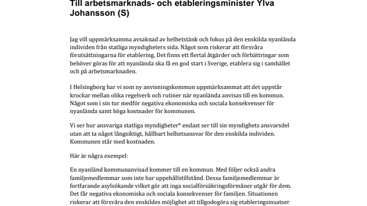 Brev till arbetsmarknads- och etableringsminister Ylva Johansson (S) från Anna Jähnke (M) kommunalråd och ordförande i arbetsmarknadsnämnden, Helsingborg