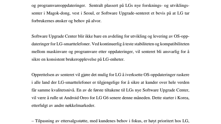 LG ÅPNER GLOBALT SOFTWARE UPGRADE-SENTER FOR RASKERE SMARTTELEFON-OPPDATERINGER 