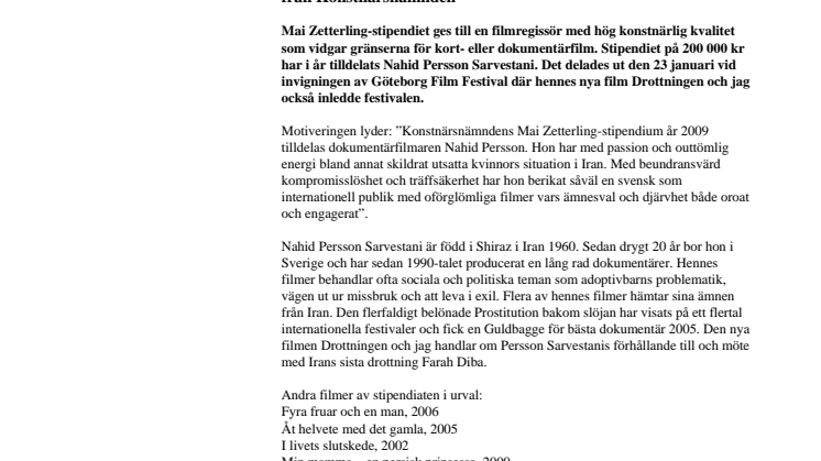 Nahid Persson Sarvestani får årets Mai Zetterling-stipendium från Konstnärsnämnden