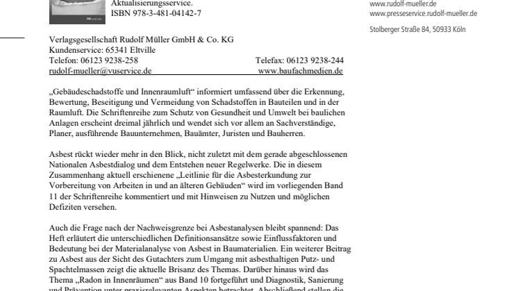 Gebäudeschadstoffe und Innenraumluft, Band 11