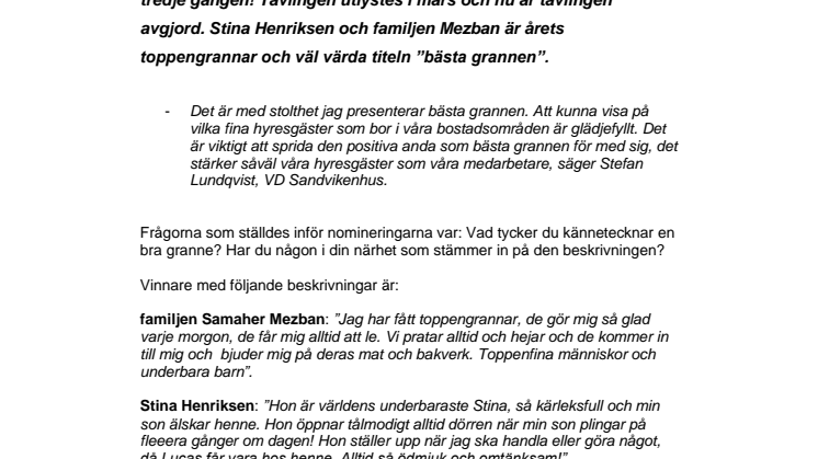 Sandvikenhus bästa granne 2016 koras på Sandvikendagarna!