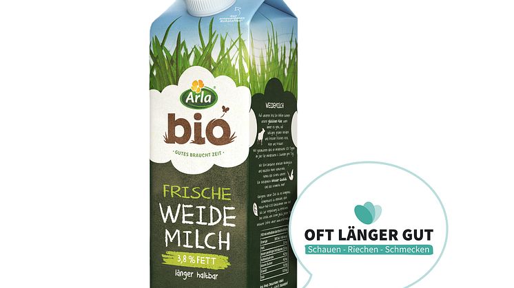 Arla Bio Weidemilch mit dem Aufdruck "Oft länger gut" 
