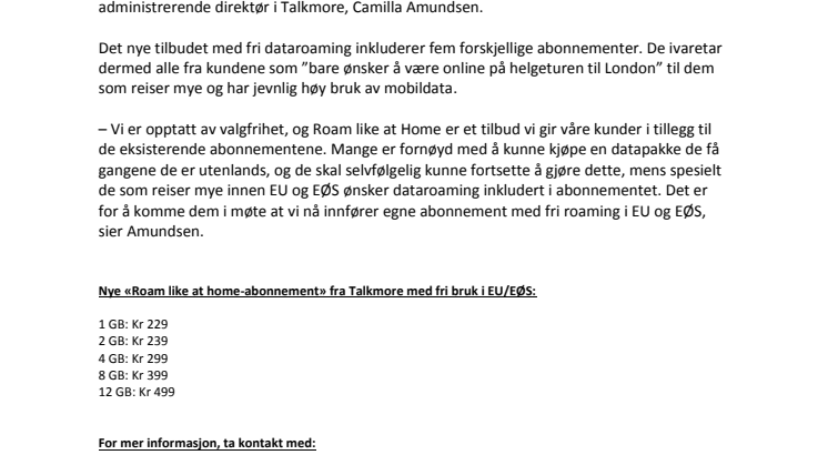 Talkmore første lavprisselskap med fri roaming i utlandet
