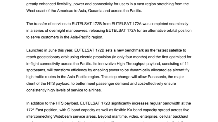 Eutelsat all-electric EUTELSAT 172B satellite set to transform connectivity landscape in Asia-Pacific