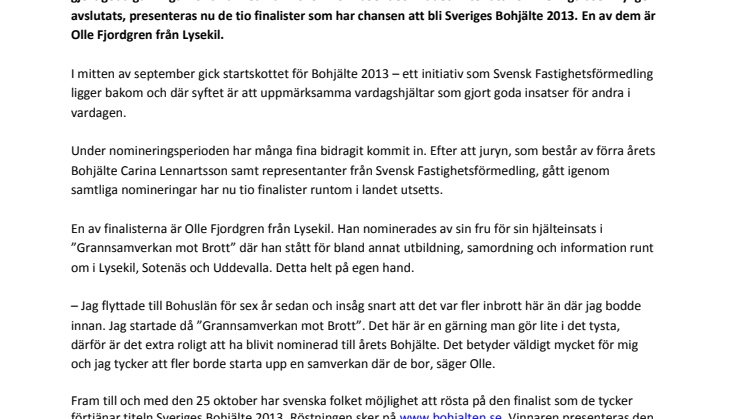 Olle från Lysekil kan bli Sveriges Bohjälte 2013  