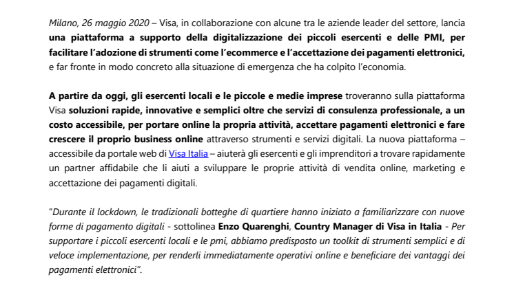Visa a supporto dei piccoli esercenti locali e delle pmi italiane