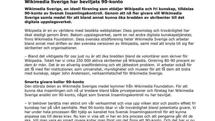 Wikimedia Sverige har beviljats 90-konto 