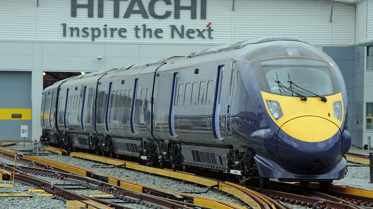Class 395 leaving Hitachi Train Maintenance Centre in Ashford, Kent