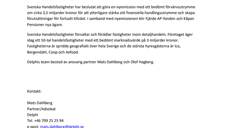 Delphi rådgivare åt Fjärde AP-fonden vid investering i Svenska Handelsfastigheter