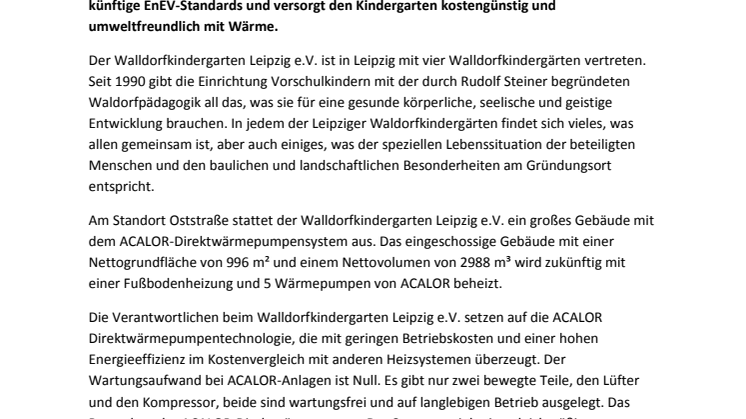 Walldorfkindergarten Leipzig entscheidet sich für ACALOR-Direktwärmepumpe 