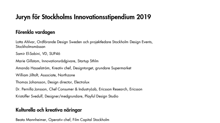 Juryn för Stockholms Innovationsstipendium 2019